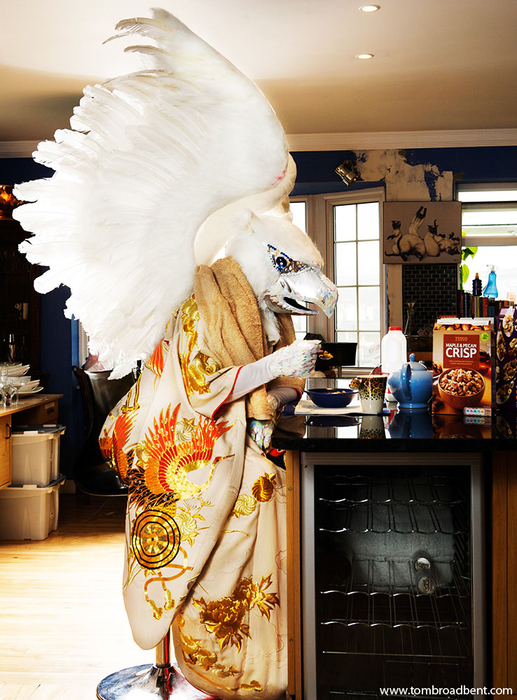Chil, a disco gryphon eats breakfast at home. Chil is a project manager who lives in Brighton with his partner, Red Russell.