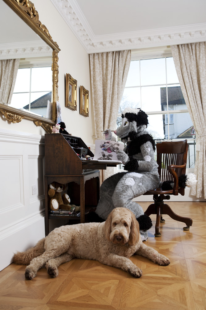 Edward Fuzzypaws, a poodle and Teddy, a labradoodle in their drawing room