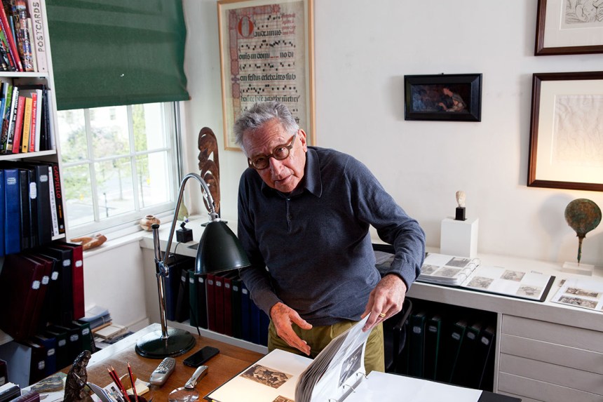 John Kasmin at home. Photographed for Newsweek in London, the former art dealer turned postcard collector introduced his collection of rare, incredible and sometimes bizarre original postcards that he has collected over the years. the most expensive postcard in his collection cost 5800 Euros. Although most were much less than that.